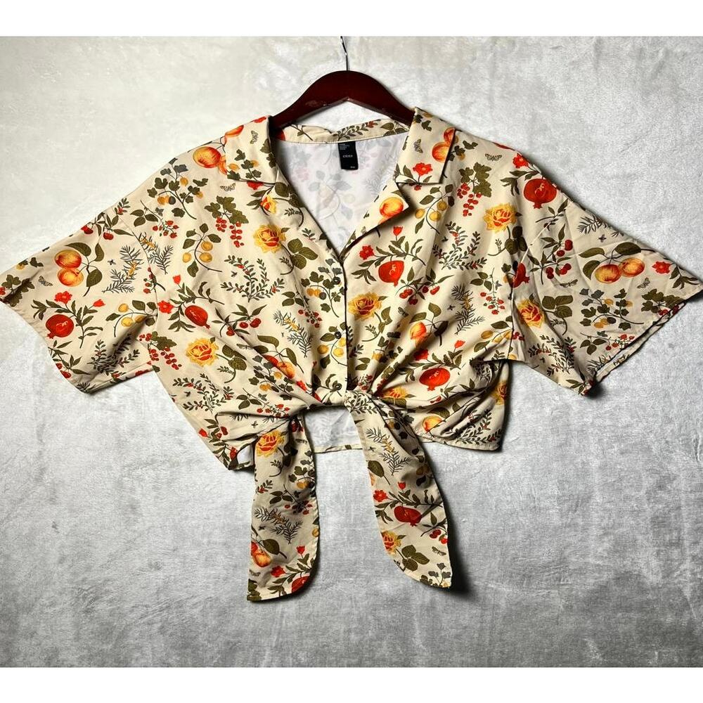 Cider Silken Cottage Front Knot Blouse Women's XL Flowers Fruits Natural Beige